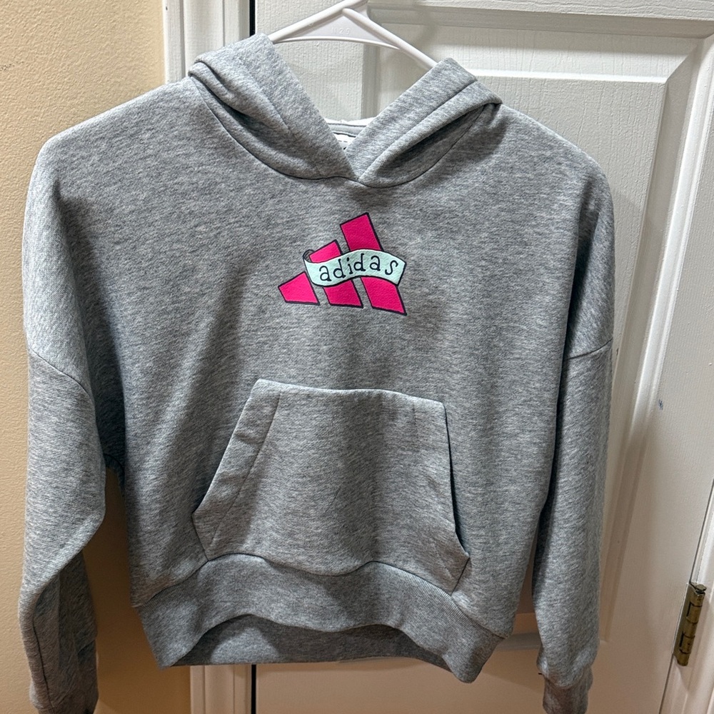 Girls Adidas Heather Gray Hoodie with Pink Accents